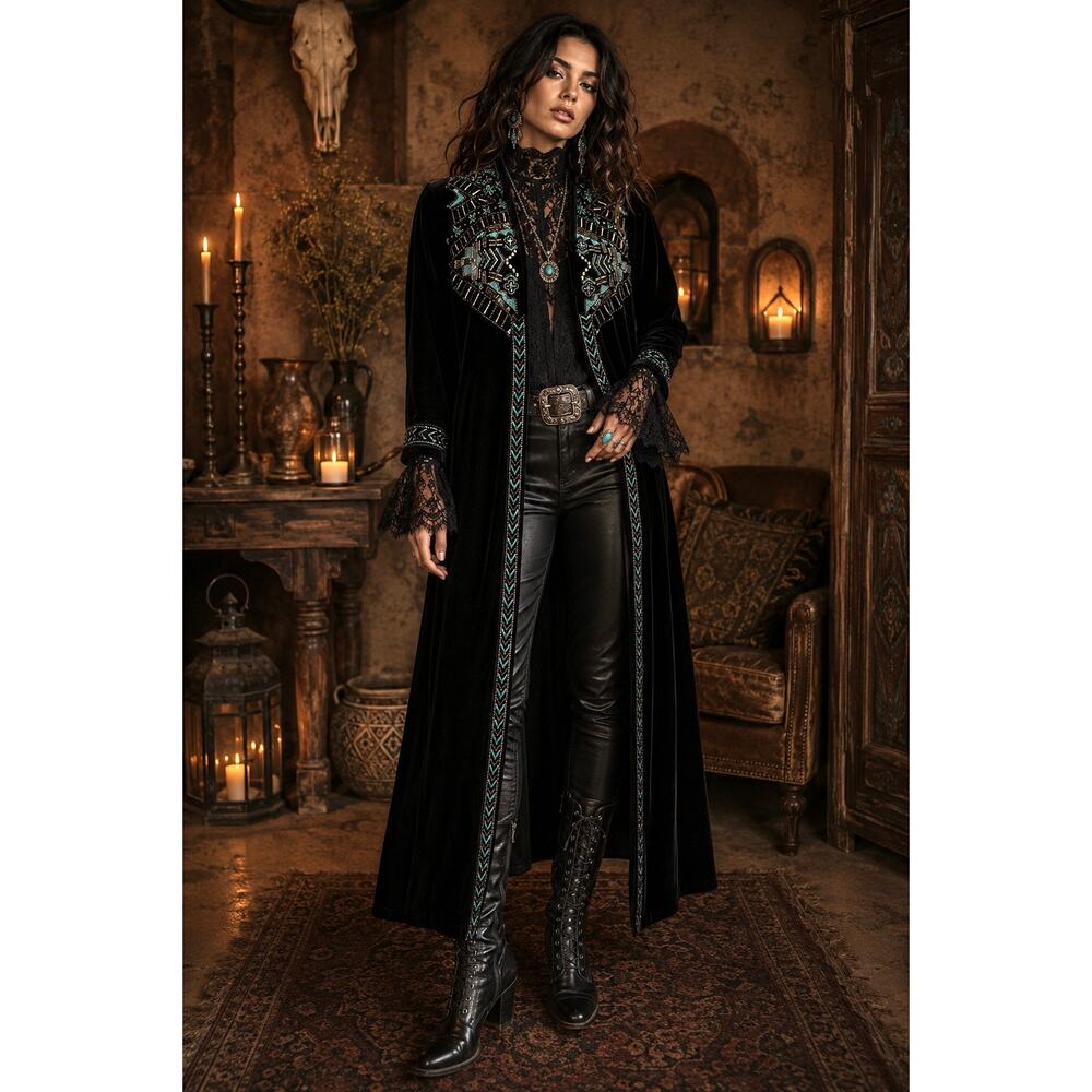Crazy Train The Strait Y2K Long Line Velvet Western Glam Duster NWT - Picture 14 of 14